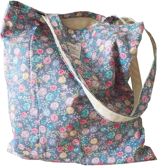 Cotton Canvas Tote Bag Reusable Soft Grocery Cloth Bag Floral Shoulder Bag for Beach Travel Shopping