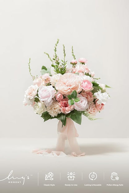 Ling's moment Blush Pink Wedding Bouquets for Bride, Blush and Cream Bridal Bouquets for Bride, 15 Inch Free Form Artificial Wedding Flower Bouquet