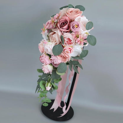 Wedding Bouquet for Bride, Bean Paste Pink Waterfall Bridal Bouquet for Bride Artificial Roses Flowers Cascading Bouquet for Wedding Ceremony Anniversary Party Bridal Shower Decoration