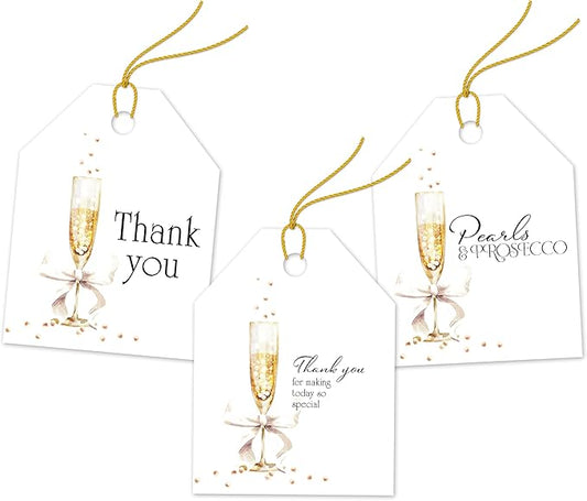 Pro Supply Global 24 Count of 2.5 Inch x 3 Inch Pre Strung Pearls and Prosecco Gift Tag Assorted Printed Designs on Large Cardstock Gift Hang Tags - Ideal to Use on Bags