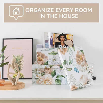 Soul & Lane Decorative Cardboard Storage Boxes with Lids for Home Decor and Organization, Set of 3 Large Keepsake Boxes for Memories & Gifts, Nesting Floral Photo Storage Containers, Floral Revival