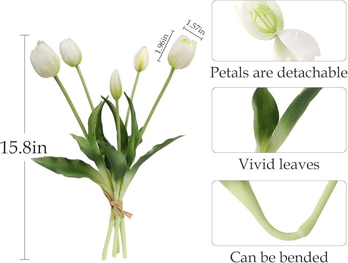 10PCS White Fake Tulips Artificial Flowers Real Touch Latex Faux Tulips UV Resistant Fake Flowers Bouquet for Table Home Decor Party Wedding Garden Decoration