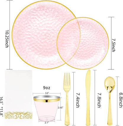 Rubtlamp 175 Pcs Pink Plastic Plates Dinnerware Set (25 Guests), Pink Disposable Plates With Gold Rim, Hammered Party Platos Set Include Dinner Plates, Dessert Plates, Cups, Cutlery for Party