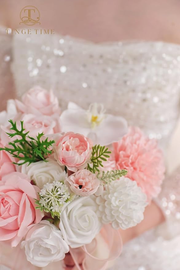 TINGE TIME Artificial Flowers Combo Mix Silk Flowers Pink Roses w/stem for DIY Wedding Bridal Bouquets Baby Shower Floral Arrangement Table Centerpieces Home Decorations (Blush Pink & White)
