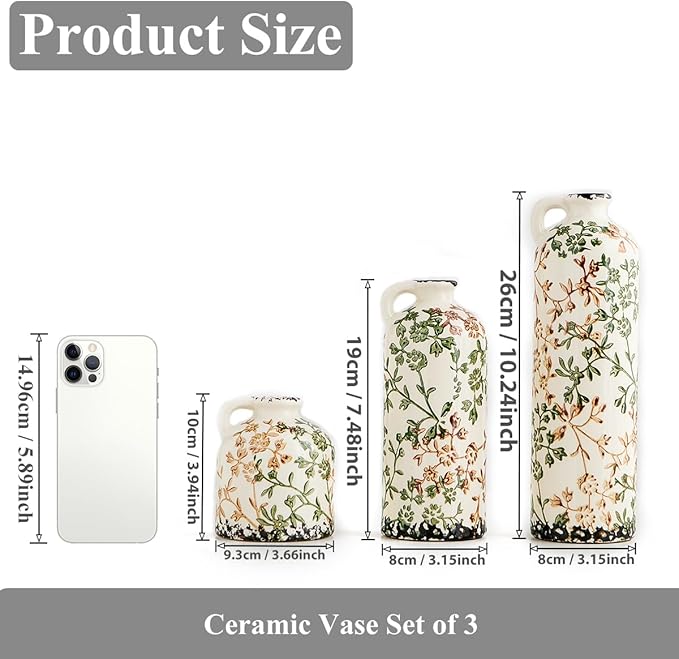 Ceramic Vase Set of 3, Vintage Green and Beige Vase, Chinoiserie Floral Vases, Rustic Farmhouse Ceramic Vases for Home Decor, Living Room, Kitchen Island, Bookshelf, Grand Millennial Decor