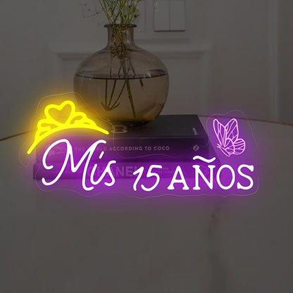 Mis 15 Anos Neon Sign, Sweet 15 Quince Party Sign with Dimmer Switch, Birthday Party Decor, Quinceanera Party Sign, Preppy Room Decor,Birthday Party Home Decorations, Mitzvah Gift-Purple