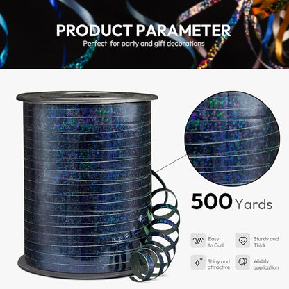 500 Yards Shiny Metallic Black Curling Ribbon with Spool, 1/5" Holographic Curly Ribbons - Ideal for Gift Wrapping, Birthday, Halloween, Christmas Party Decorations, Balloon String