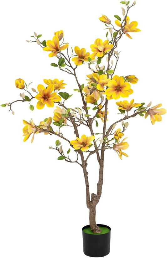 Artificial Magnolia Tree 4.9 ft - with 27 Pcs Yellow Flowers Artificial - Tall Artificial Plants Indoor, Faux Indoor Plants Perfect Potted Magnolia Flower Decor for Living Room, Stairs, Shop, Porch