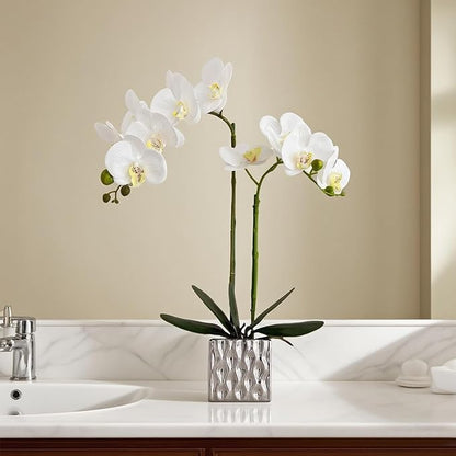 LISU Artificial Orchids, Silver Vases, Home Decoration Flower Arrangements, Fake Flowers in Vases. (C:White)