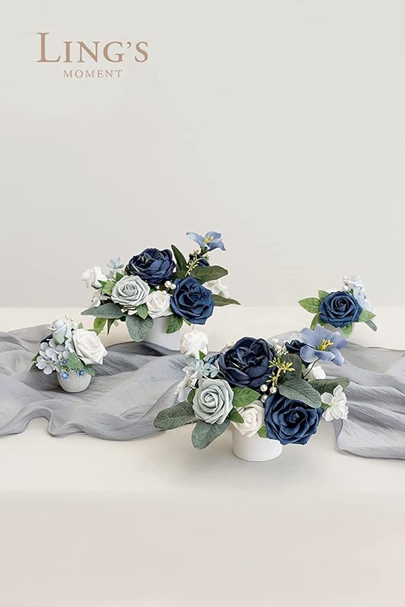 Ling's moment Artificial Flowers 50Pcs Dusty Blue & Navy Roses Decor w/Stems,3" Real Touch DIY Foam Floral for Wedding Bouquet/Centerpieces, Outdoors Party Backdrop, Room/Table, and Garden/Pot Decor