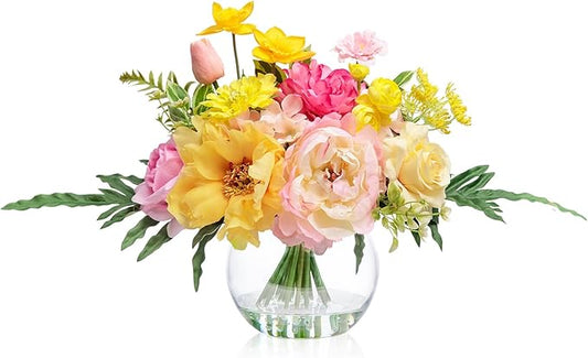Artificial Flowers Centerpieces in Glass Vase with Fake Water, Silk Rose Peony & Fake PU Tulips Bouquet with Vase for Birthday Party Wedding Dinning Table Office Hotel Decor (Yellow & Hot Pink Plus)