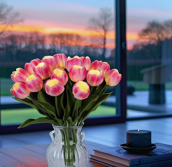 LED Lighted Artificial Tulip Lamp, Real Touch Tulip Flowers, 15 Inch Faux Tulip Bouquet with Battery Operated Lights for Gifts, Home Kitchedn Wedding Decor(Hot Pink)