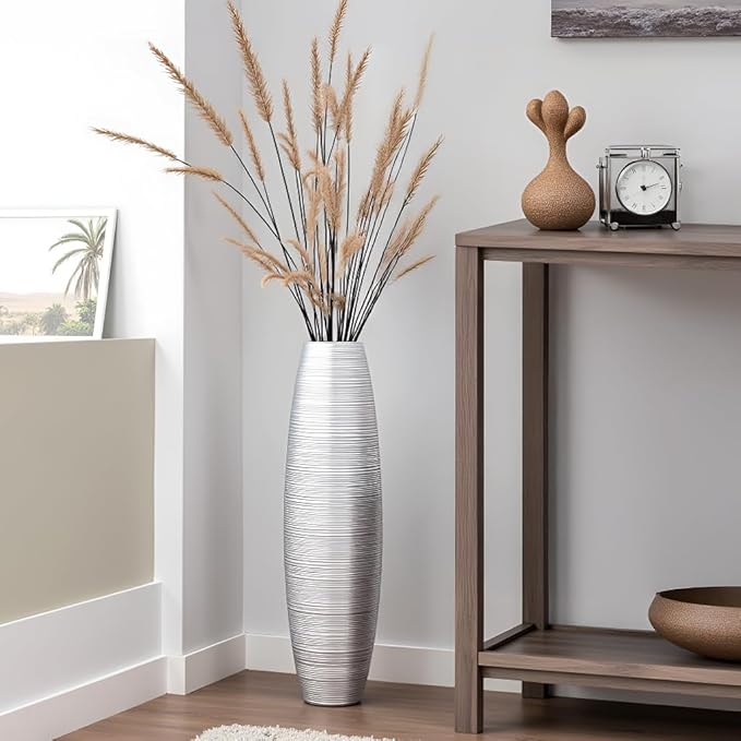 Tall Floor Vase, 27.5 inches (70cm, 2.3FT) Tall Vases Sturdy, Luxury, Textured for Decorative Branches Dried Flowers, Floor Vase for Rustic Living Room, Modern Decor, Resin Silver Vases