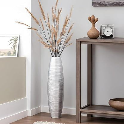 Tall Floor Vase, 27.5 inches (70cm, 2.3FT) Tall Vases Sturdy, Luxury, Textured for Decorative Branches Dried Flowers, Floor Vase for Rustic Living Room, Modern Decor, Resin Silver Vases
