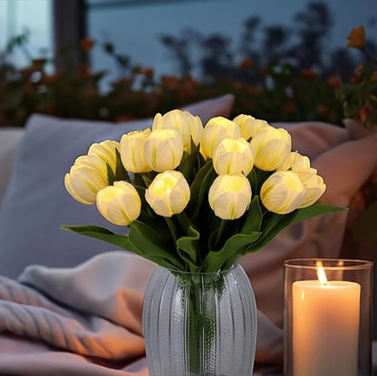 LED Lighted Artificial Tulips, Tulip Lamp, Real Touch Tulip Flowers, 15 Inch Faux Tulip Bouquet with Battery Operated Lights for Gifts, Home Kitchedn Wedding Decor (White)