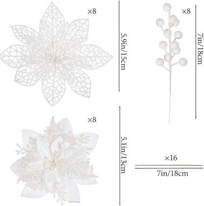 24Pcs Christmas Poinsettia Artificial Flowers and Glitter Berries Kit, 2 Styles Total 16Pcs Christmas Tree Flowers Ornaments, 8Pcs Christmas Tree Picks for Wedding Holiday Decorations, White
