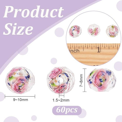 PH PandaHall 60pcs 9~10mm Rose Lampwork Beads Gold Sand Glass Beads Handmade Flower Glass Beads Round Loose Beads for Rosary Making Jewelry Craft Making with 1.5~2mm Hole - White