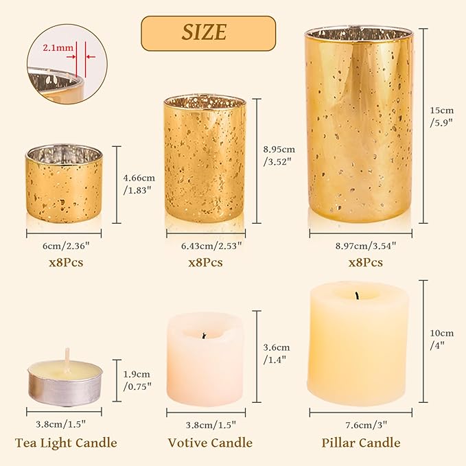 CHILL RECIPE Gold Cylinder Vases Glass Candle Holders Bulk, Mercury Hurricane Candle Holder Small Flower Vases for Centerpieces Tea Light Pillar Votive Candles Wedding Decor Party (8 Set 24Pcs)