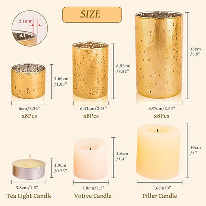 CHILL RECIPE Gold Cylinder Vases Glass Candle Holders Bulk, Mercury Hurricane Candle Holder Small Flower Vases for Centerpieces Tea Light Pillar Votive Candles Wedding Decor Party (8 Set 24Pcs)