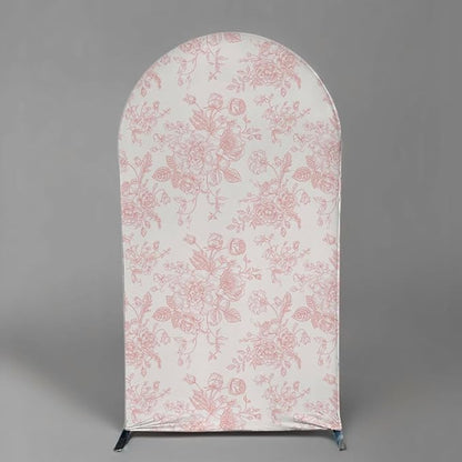 2Pcs Toile de Jouy Pink Bow and Floral Arch Backdrop Covers, Romantic French Style Spandex Arch Covers for Baby Shower, Girl Birthday, Wedding Party Decorations (7.2ft,6ft)