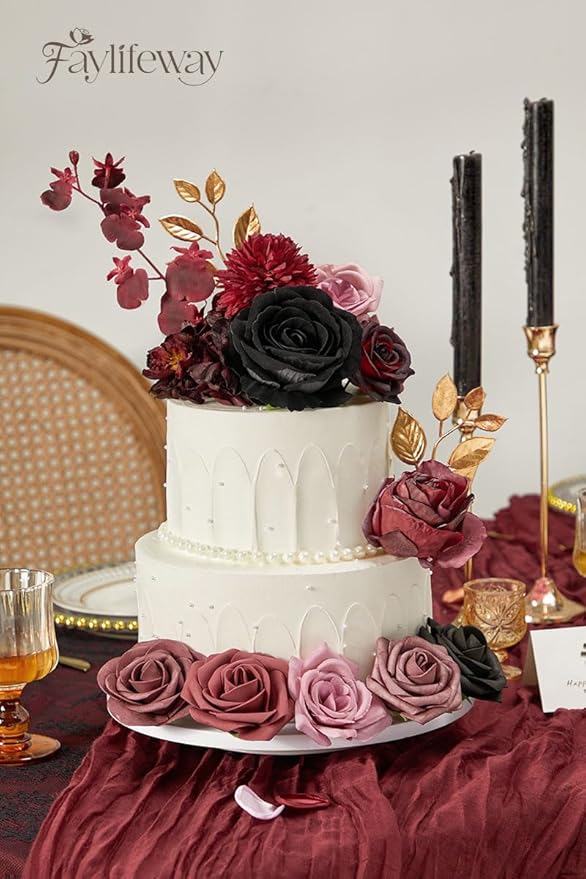 Artificial Flowers, Burgundy Silk Flowers for Centerpieces Decoration, Fake Cake Flowers for DIY Wedding Bridal Bouquets Home Party Floral Arrangement Decor