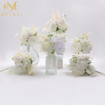 Meldel Set of 6 Wedding Flowers Fake Rose Mini Bridesmaid Bride Bouquets Ivory White Small Floral Wedding Centerpieces Decor Artificial Flower Arrangements for Tables Home Party Decorations