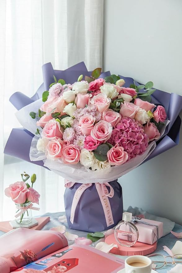 LeZakaa 20 Sheets Flower Wrapping Paper - Waterproof Reversible Floral Bouquet Paper - Pink and Purple Design for Valentine's Day, Mother's Day, Parties, Birthdays, Weddings, Baby Shower
