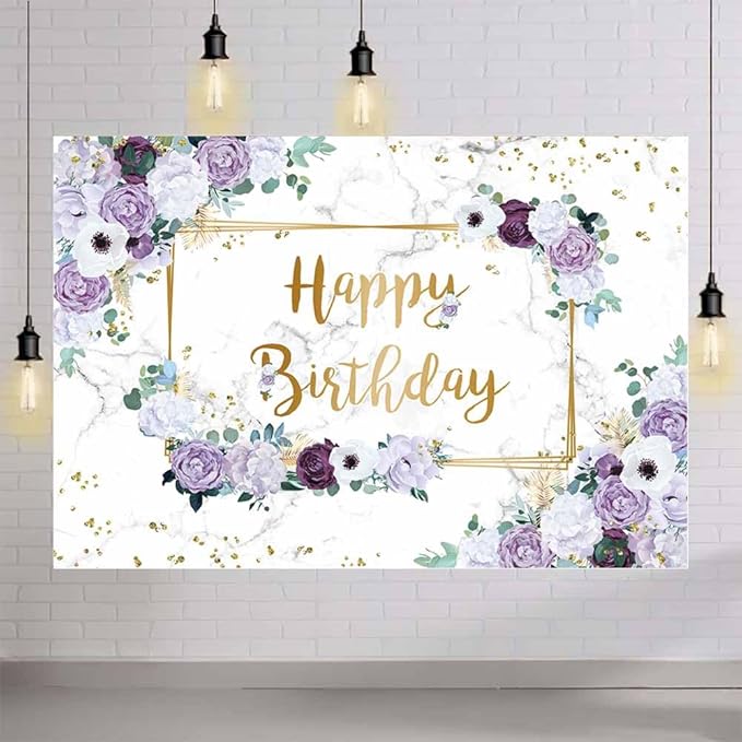 MEHOFOND 10x7ft Happy Birthday Backdrop Purple and White Flowers Bday Photography Background Girls Geometric Gold Glitter Dots Birthday Floral Party Decorations Cake Smash Decor Studio Photo Props