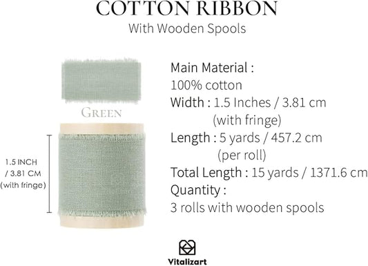 Vitalizart Dusty Sage Ribbon 1-1/2" x 15 Yd 100% Cotton Handmade Frayed Fringe Fabric Green Ribbons for Gift Wrapping Wedding Invites Bridal Shower Bouquets Christmas Decorations