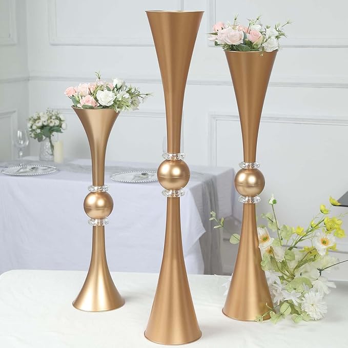 Efavormart 2 Pack | 31" Gold Crystal Embellishment Trumpet Table Centerpiece, Reversible Plastic Flower Vase