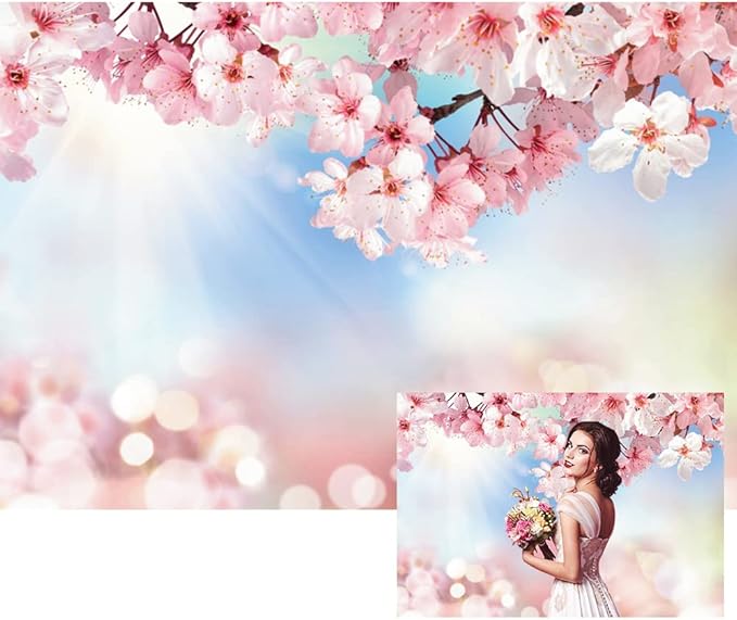 Renaiss 10x8ft Cherry Blossom Floral Backdrop Pink Flower Sunshine Bokeh Romantic Nature Scenery Photography Background for Wedding Bridal Shower Birthday Party Decor Photo Booth Props