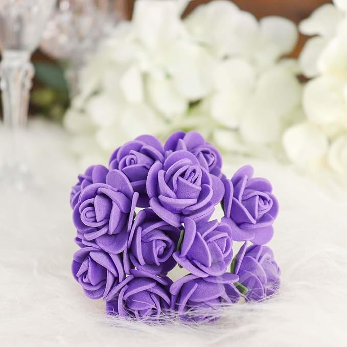 Efavormart 48 Roses | 4" Tall Purple Real Touch Artificial DIY Foam Rose Flowers with Stem, Craft Rose Buds