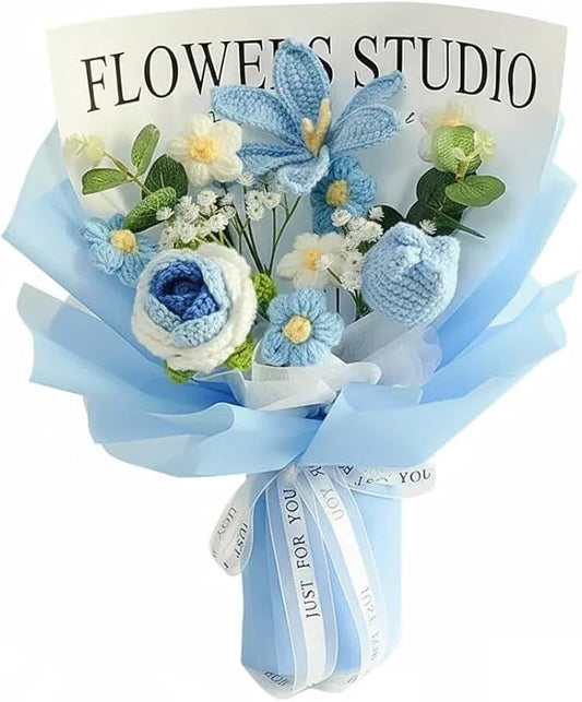 Crochet Flower Bouquet - Handmade Knitted Roses, Tulips & Cosmos with Eucalyptus - Hypoallergenic Everlasting Gift for Women, Mother's Day, Wedding