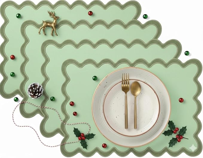 Folkulture Christmas Placemats – Set of 4 (13 x 19 Inches) | 100% Cotton Scalloped Sage Green Placemats | Heat Resistant Table Mats for Christmas Decorations and Xmas Dining Table Décor