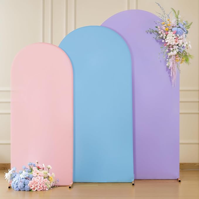 Rainbow Arch Backdrop Cover 8FT 7.2FT 6.6FT Stretchy Wedding Arch Covers Set of 3 Spandex Fitted Pink Blue Lavender Fabric Backdrop Cover for Party Baby Shower Birthday Decoration