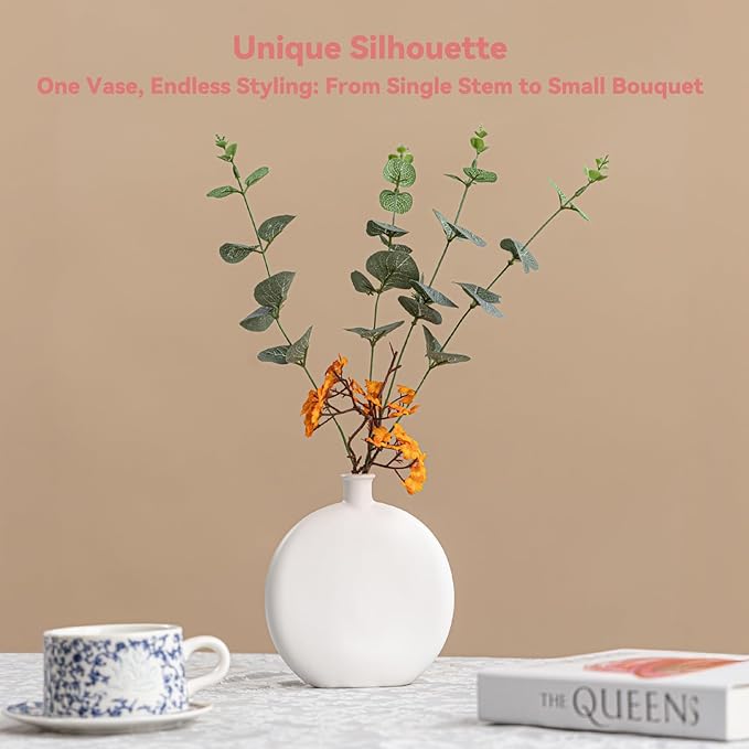 White Ceramic Flat Vase - 6.2" Unique Flower Vase for Pampas Grass & Centerpieces, Decorative Boho/Farmhouse Vase for Living Room, Office Desk & Housewarming Gift (for Her/Yourself)