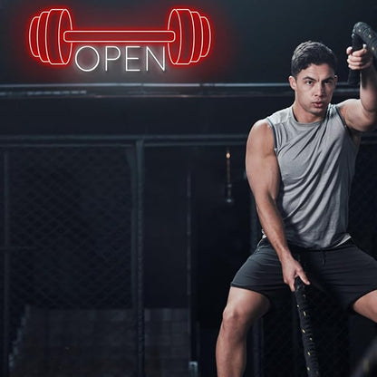 Red Gym Fitness Open Neon Sign, Gym open Led Sign, Weightlifting Led Light, Barbell Neon Light, gym Open Wall Art Decor, House Wall Signs Decor for Business Window Open Signs, Fitness Club Decor
