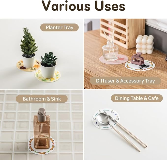 FLT Silicone Colorful Coaster Set of 3, Non-Slip Drink Mat, Cute and Unique Printed Design (Made in Korea) (Pastel - Vase)