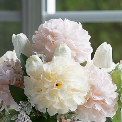 ENOVA FLORAL Artificial Tulips Flowers in Vase, Artificial Flowers Tulips Real Touch and Dahlia Silk Flower in Vase for Dining Table Decoration Wedding, Home Decor Indoor (Cream Pink)