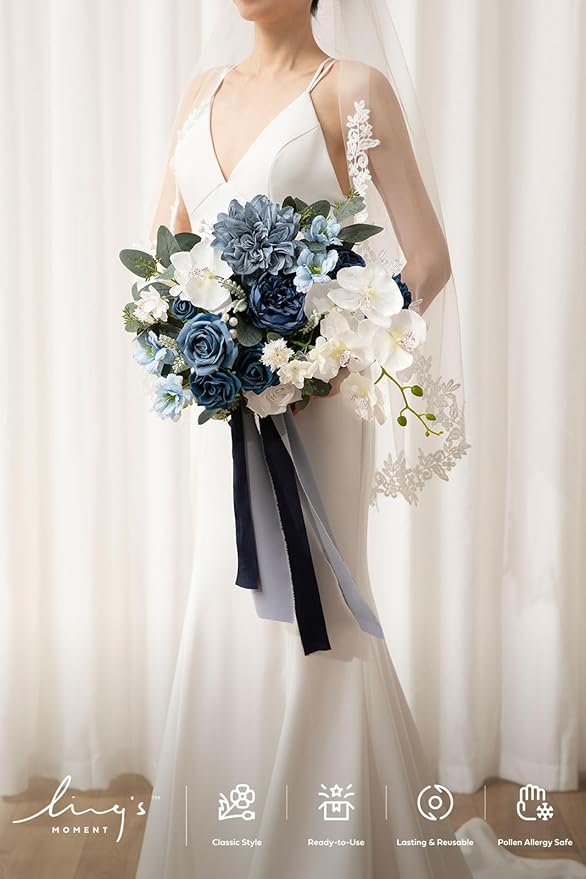 Ling's moment Navy Blue Bridal Bouquet, 13 Inch Wedding Bouquets for Bride, Silk Free Form Bridal Bouquets for Wedding, Ceremony, Anniversary, etc.