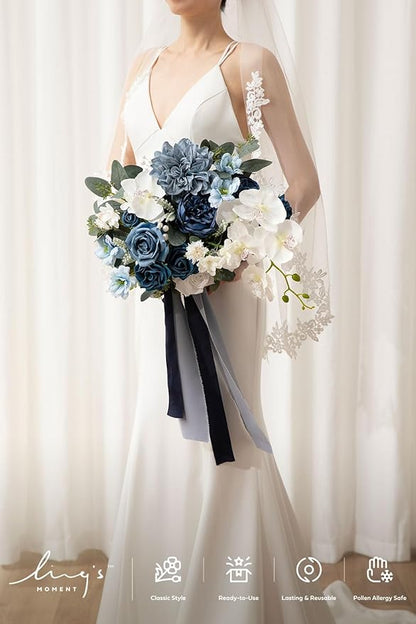 Ling's moment Navy Blue Bridal Bouquet, 13 Inch Wedding Bouquets for Bride, Silk Free Form Bridal Bouquets for Wedding, Ceremony, Anniversary, etc.