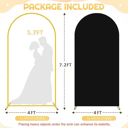 FUHSY 7.2FT Backdrop Arch Stand with Cover Set Metal Arch Backdrop Stand Stable Balloon Arched Frame and Black Arch Stand Cover Backdrop Cover for Arch Stands for Birthday Bridal Shower Ceremony Decor