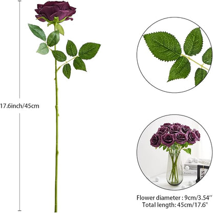 Plum Artificial Rose 10pcs Open Flower Bouquet Faux Rose Stems for Wedding Arrangement, Bridal Bouquet, Centerpiece, Fake Faux Silk Flowers