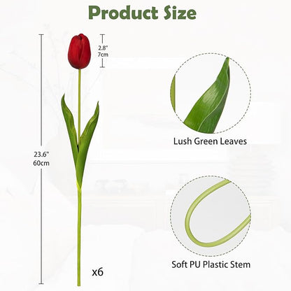 6PCS 23" Fake Tulip Flowers Artificial Red Tulips Long Stem Faux Flower, Silk Flower Décor for Floral Arrangement Home Farmhouse Wedding Decoration