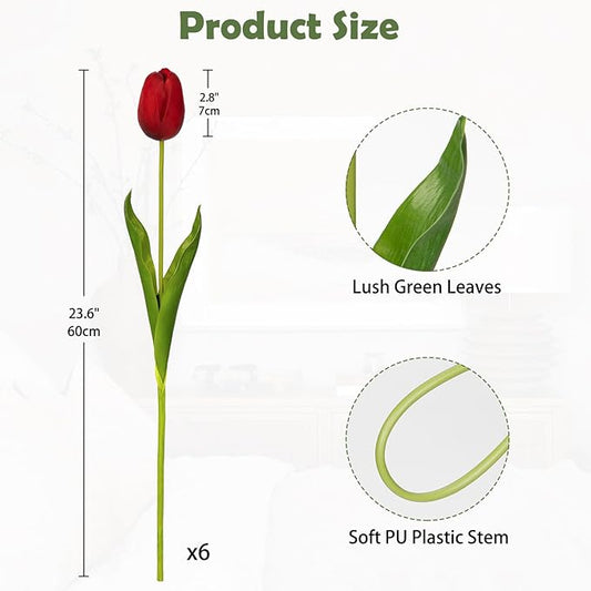 6PCS 23" Fake Tulip Flowers Artificial Red Tulips Long Stem Faux Flower, Silk Flower Décor for Floral Arrangement Home Farmhouse Wedding Decoration