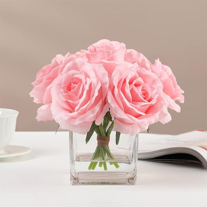 7 Large Stem Pink Rose Artificial Flowers in Vase, Fake Rose with Fake Flowers in Vase for Home Decor, Wedding Table (Pink)