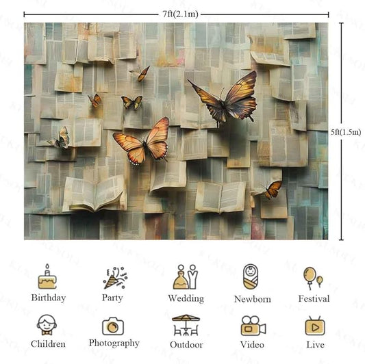7x5ft Book Photo Backdrop Floral Theme Photography Backdrop Flowers Butterfly Background Kids Girls Woman Birthday Party Decor Lovers Banner Photo Props Supplies KUBYW005