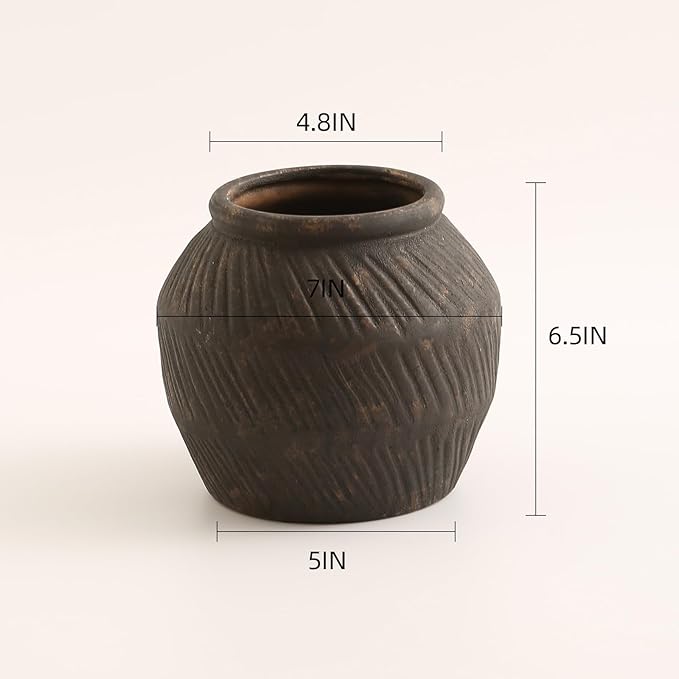 Farmhouse Ceramic Vase - Black Rustic Vintage Flower Vase for Home, Living Room, Shelf and Dining Table Decor - 7IN