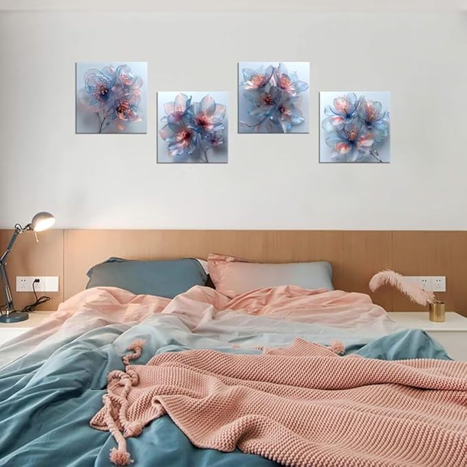 Pankila Abstract Flower Wall Art Blooming Flowers Pictures Canvas Prints Blue Pink Flower Wall Decor for Living Room Bedroom Bathroom Home Decorations Painting Framed Artwork (20''W x 20''H x 4)