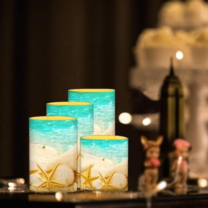 Beach Starfish Seashell Flameless Light Candles Battery Powered with Timer Remote Color Chaging Pillar Fake Candles Pack of 4 for Wedding Home Outdoor Decor
